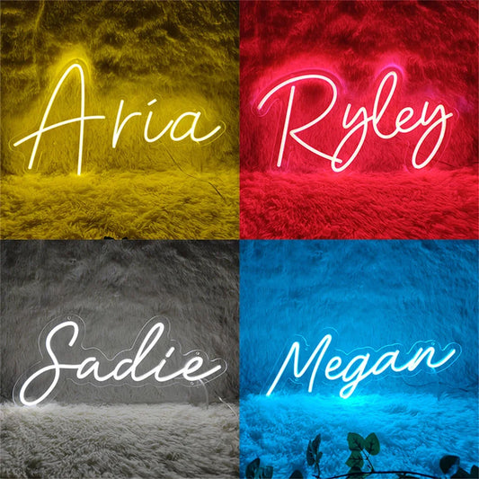 Four neon signs with names 'Aria', 'Ryley', 'Sadie', and 'Megan' on textured backgrounds.