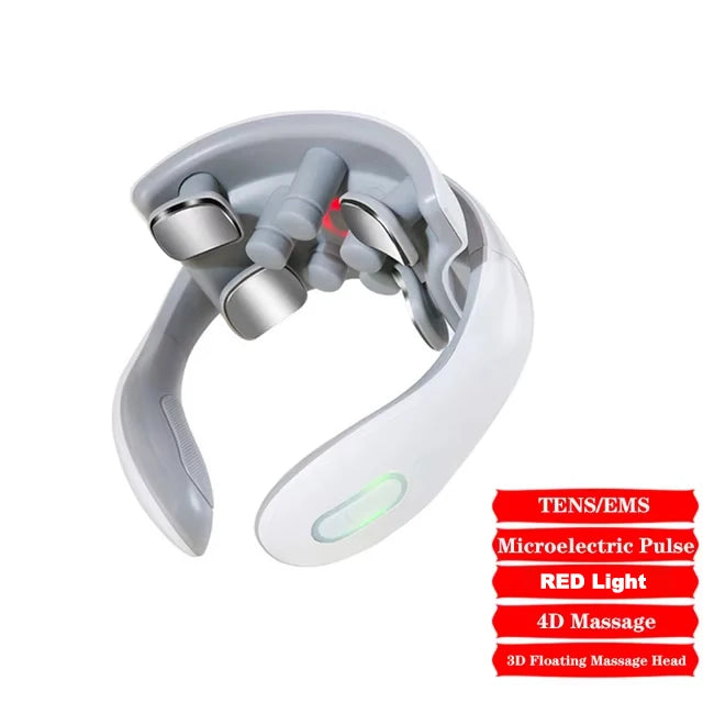 Neck massager with features listed on a white background