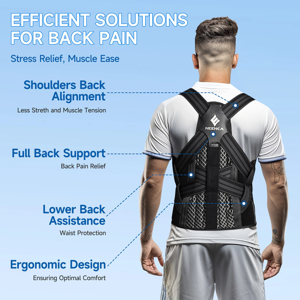 Person wearing a back support brace with text highlighting features on a blue background