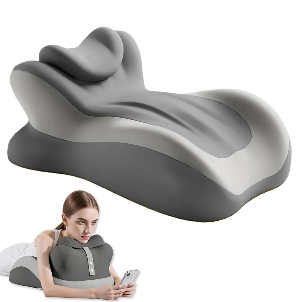 Gray neck pillow with a woman using a phone on a white background