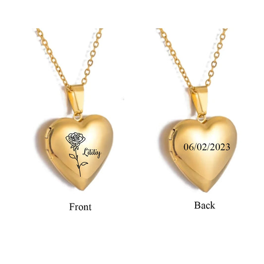 A gold heart-shaped locket necklace shown from both sides on a white background. The left side, labeled Front, shows a rose engraving and the name 'Lity'.