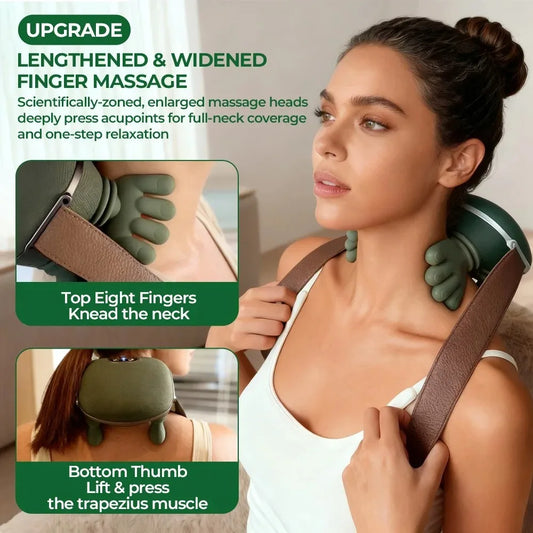 Woman using a neck and shoulder massager with text highlighting features