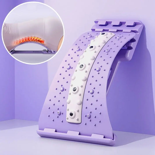 A purple and white heated back and neck massage roller on a light purple background, featuring a circular inset demonstrating the heat function.