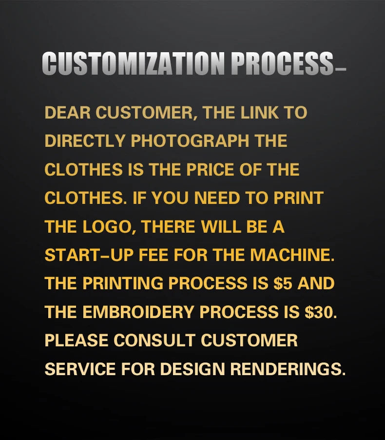Text detailing customization process for clothes with pricing information on a black background