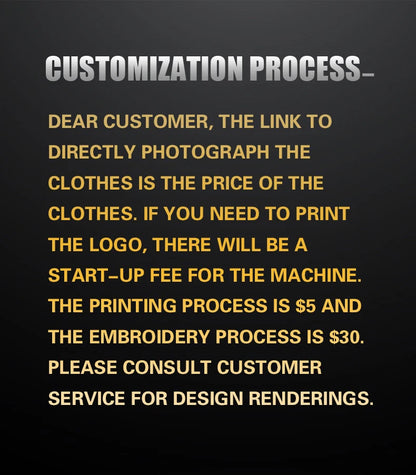 Text detailing customization process for clothes with pricing information on a black background