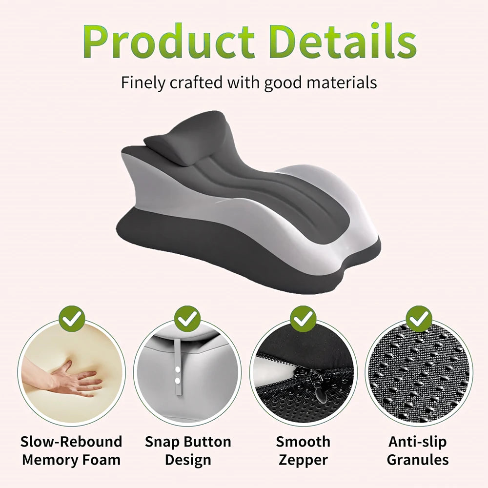 Product details of a cushion with features like slow-rebound memory foam and anti-slip granules on a white background.