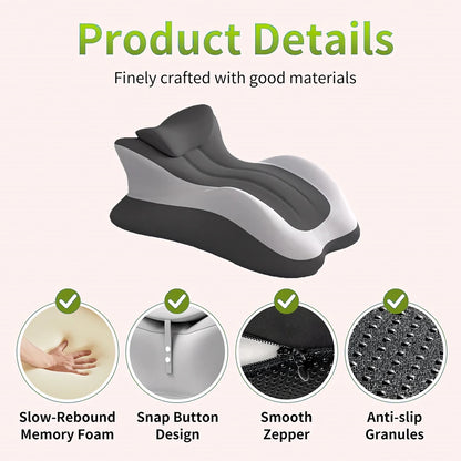 Product details of a cushion with features like slow-rebound memory foam and anti-slip granules on a white background.
