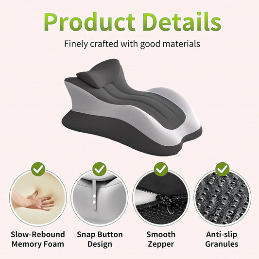 Product details of a cushion with features like slow-rebound memory foam and anti-slip granules on a white background.