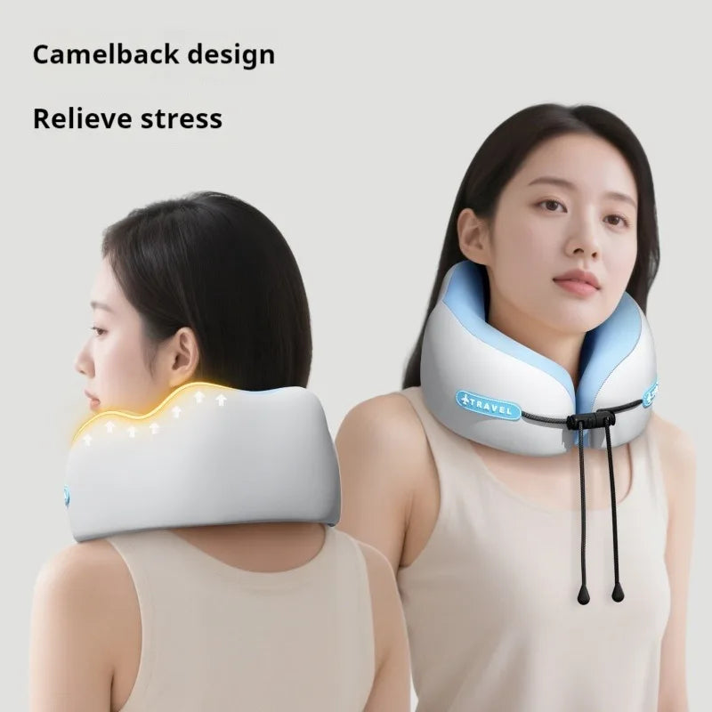 Two people wearing neck pillows with text highlighting 'Camelback design' and 'Relieve stress'.