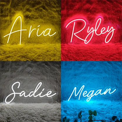 Four neon signs with names 'Aria', 'Ryley', 'Sadie', and 'Megan' on textured backgrounds.