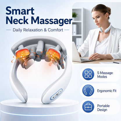 Smart neck massager with features listed on a blue background