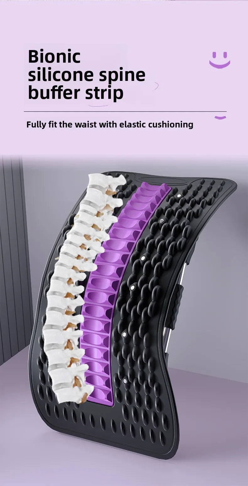Bionic silicone spine buffer strip shown on a curved back support frame, featuring white and purple gel inserts on a black textured base, with promotional text at the top.