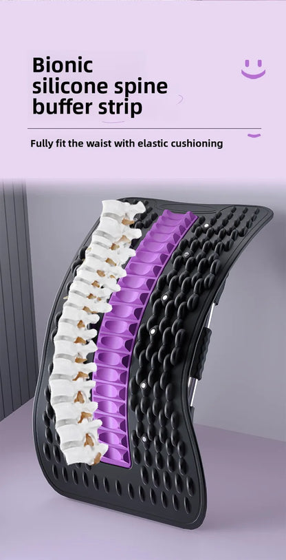 Bionic silicone spine buffer strip shown on a curved back support frame, featuring white and purple gel inserts on a black textured base, with promotional text at the top.