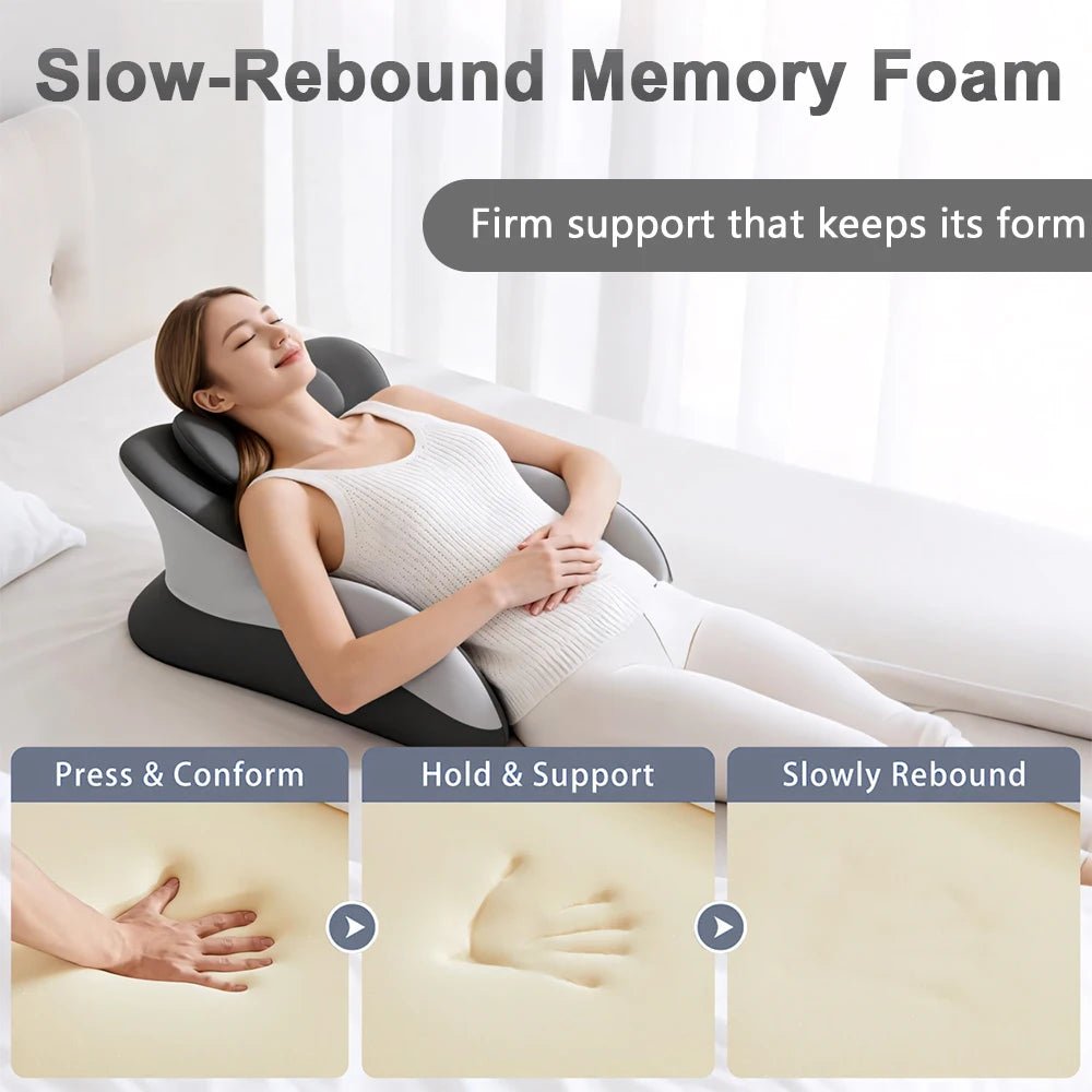 Woman using a slow-rebound memory foam pillow with text and images showing its features.