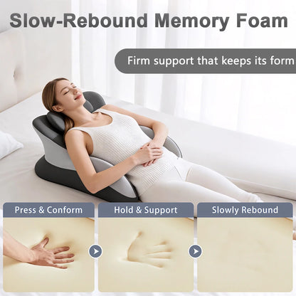 Woman using a slow-rebound memory foam pillow with text and images showing its features.
