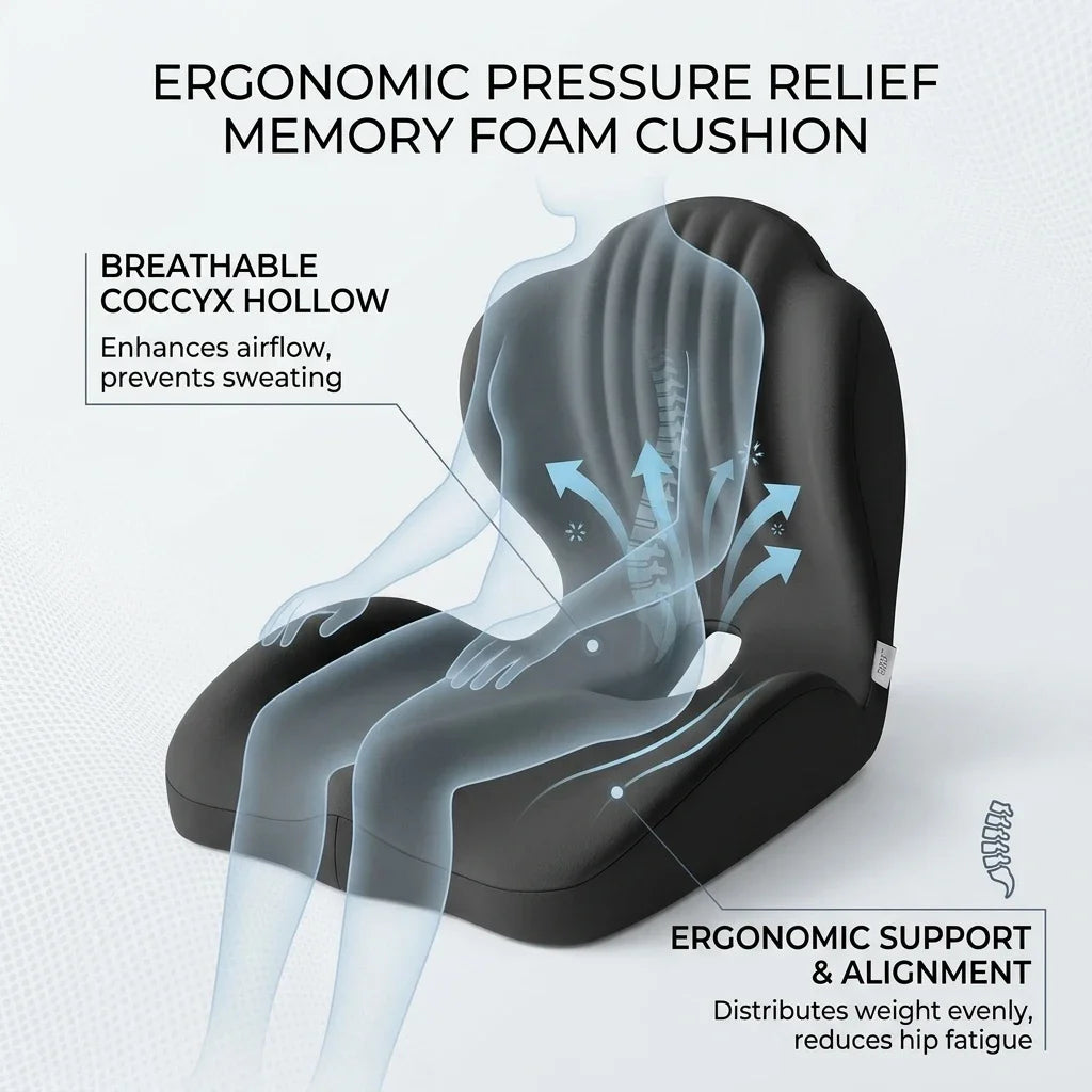 Ergonomic pressure relief memory foam cushion with text highlighting features on a white background