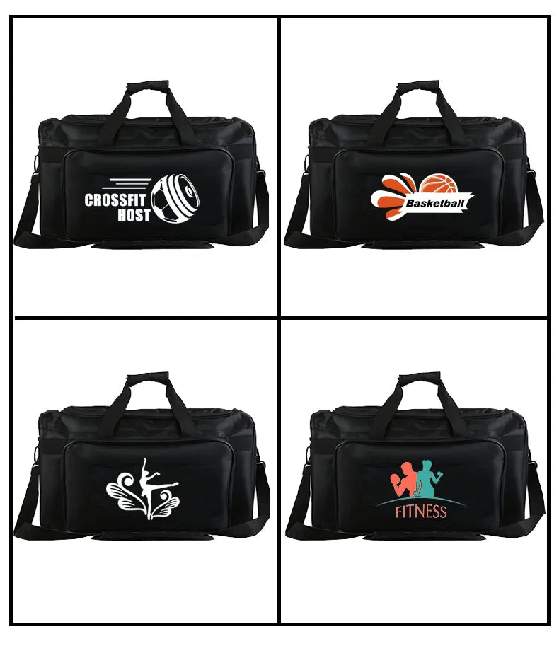 A four-panel grid showing the same black duffel bag from different front design options. Each panel shows the bag on a white background with a different printed graphic: white 'CROSSFIT HOST' with a weight icon, white 'Basketball' with an orange basketball and orange/white graphic, white abstract line art, and multicolor 'FITNESS' with orange and teal figures.