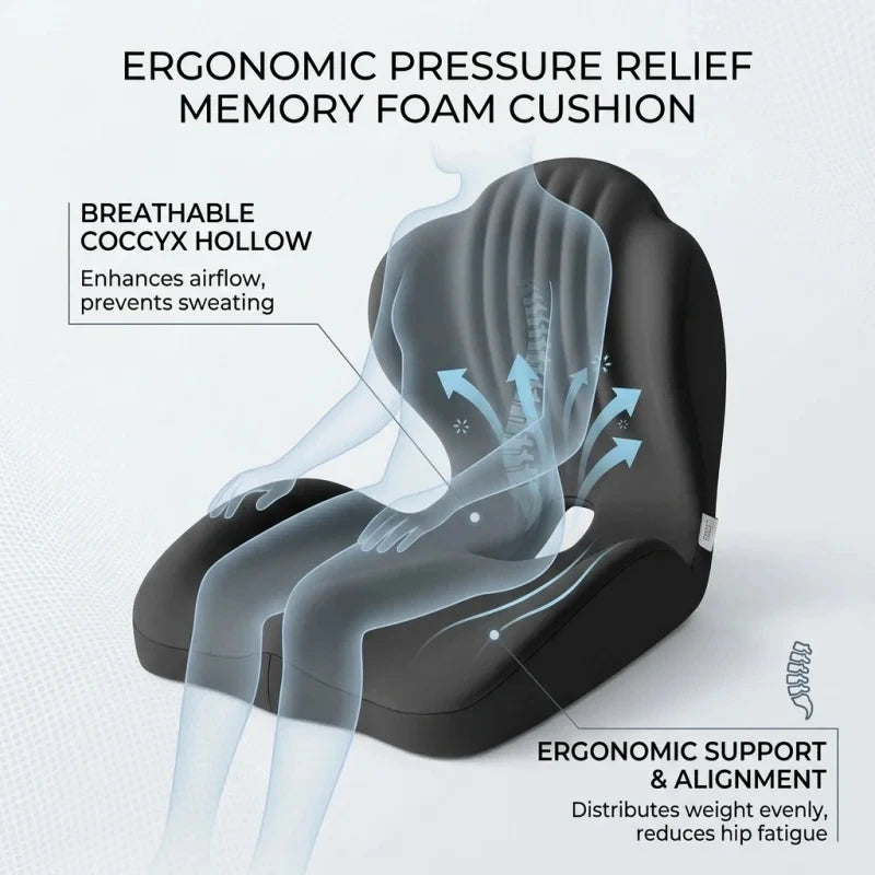 Ergonomic pressure relief memory foam cushion with text highlighting features on a white background