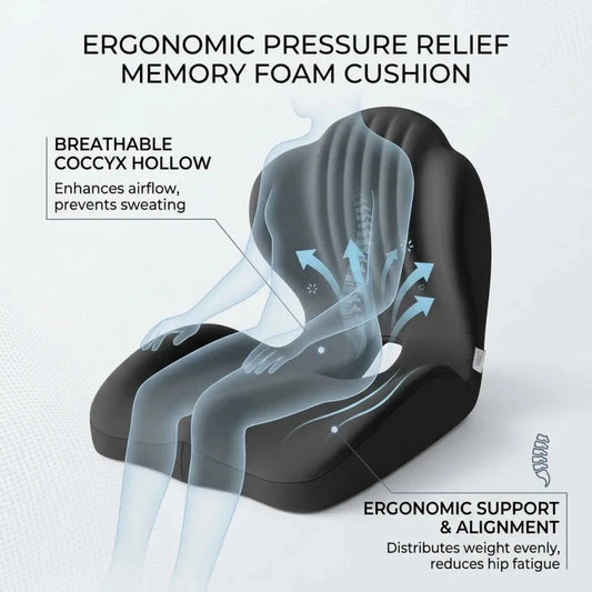 Ergonomic pressure relief memory foam cushion with text highlighting features on a white background