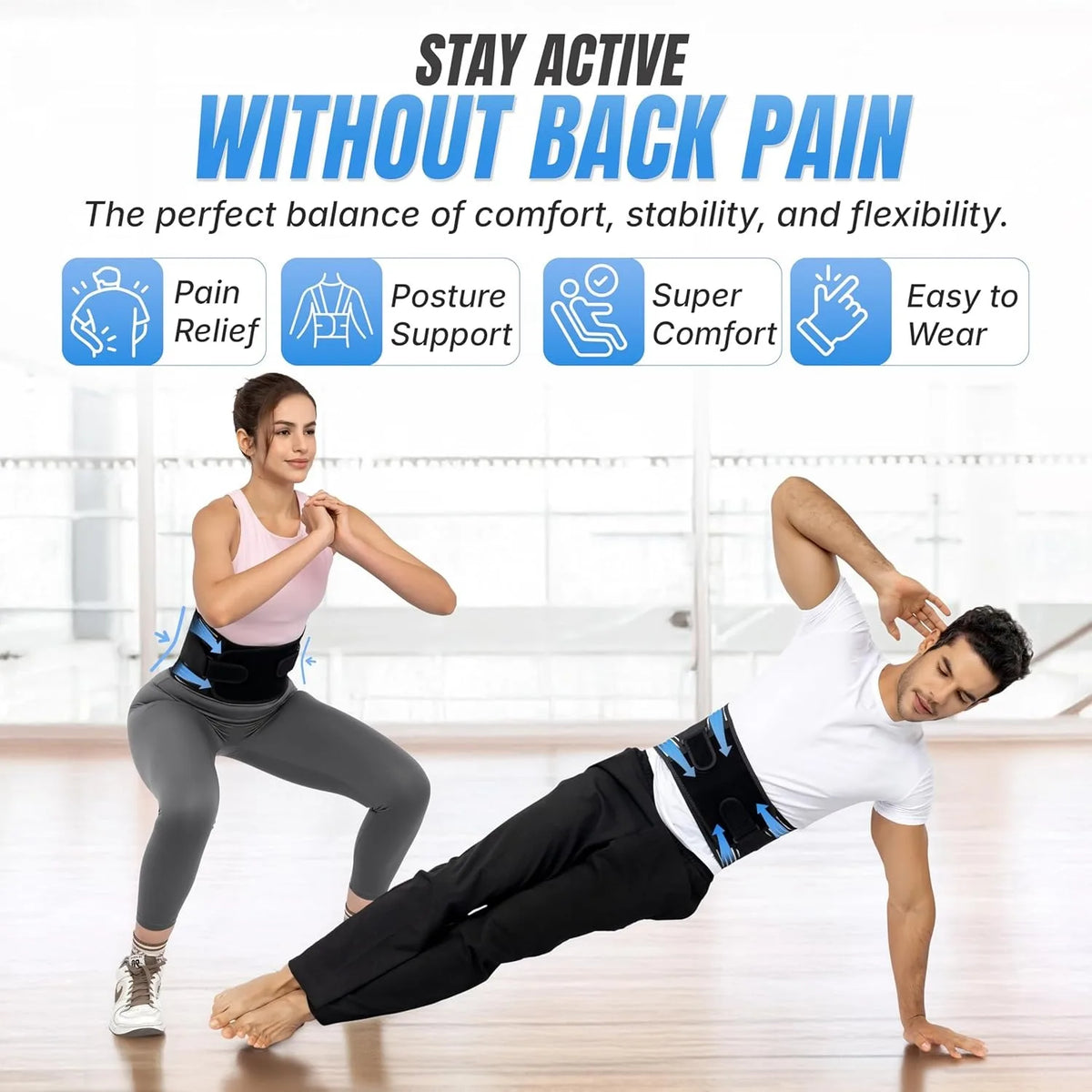 A man and a woman demonstrate an abdominal exercise belt in a bright fitness studio. The man is in a side plank position wearing the black and blue belt, while the woman does a squat wearing a matching belt.