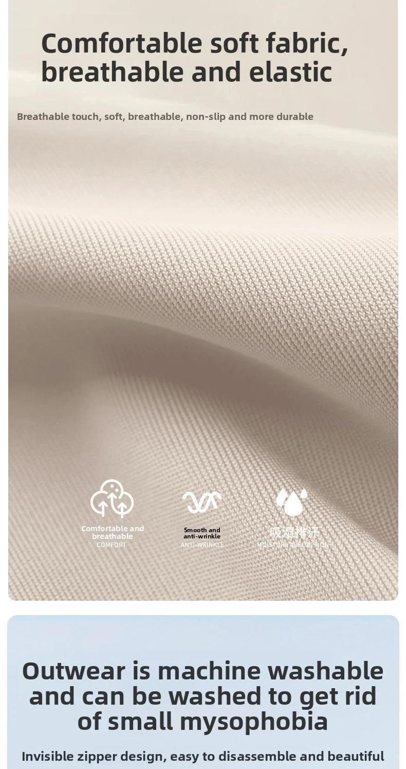 A fabric close-up showing soft beige material with text overlays describing comfort, breathability, elasticity, and machine washability. Small certification-style icons appear near the bottom of the fabric area.