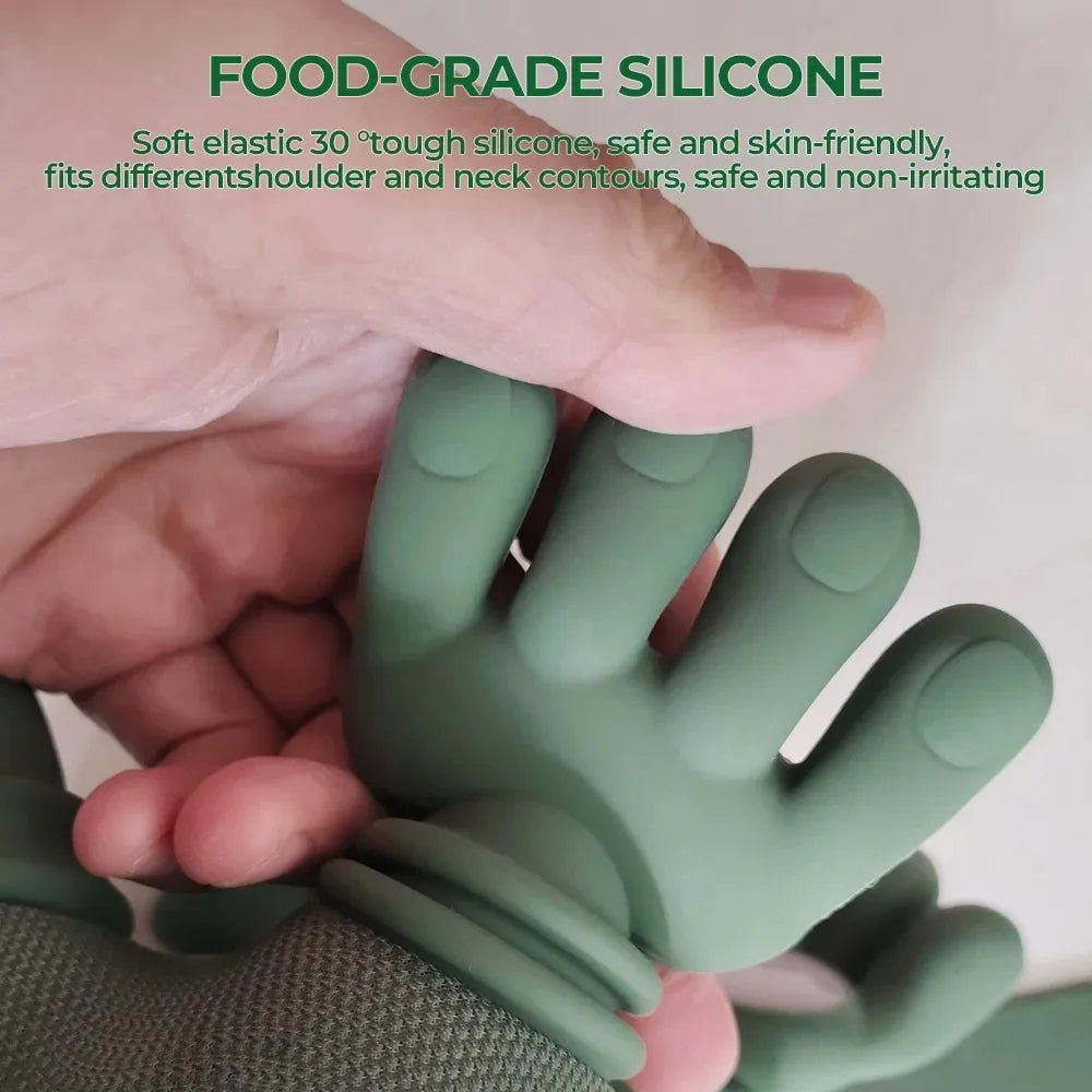 Green silicone glove held by a hand with text about food-grade silicone properties.