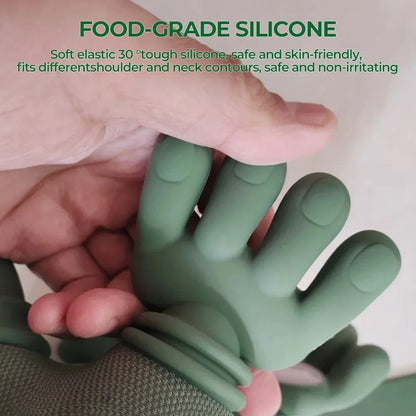 Green silicone glove held by a hand with text about food-grade silicone properties.