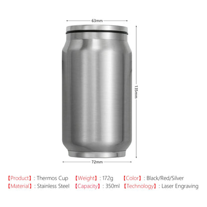 A stainless steel can-shaped thermos cup centered on a white background, with dimension labels showing 135mm height, 63mm top width, and 72mm bottom width. Text below lists product details: thermos cup, stainless steel, 172g, 350ml, laser engraving, and color black/red/silver.