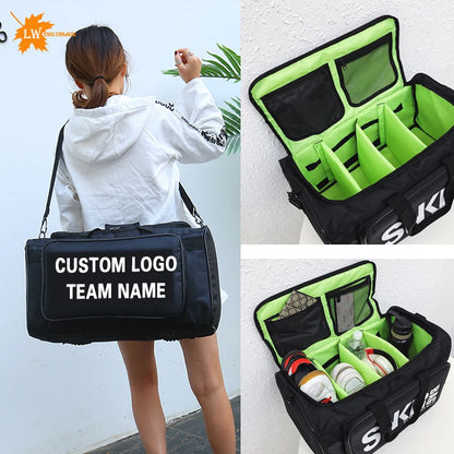Black duffel bag with customizable logo and team name, open to show organized interior.