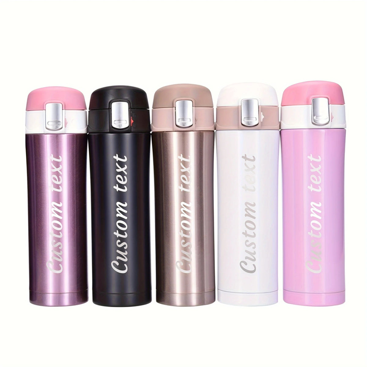 Five metallic water bottles with 'custom text' on a white background