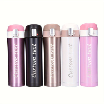 Five metallic water bottles with 'custom text' on a white background