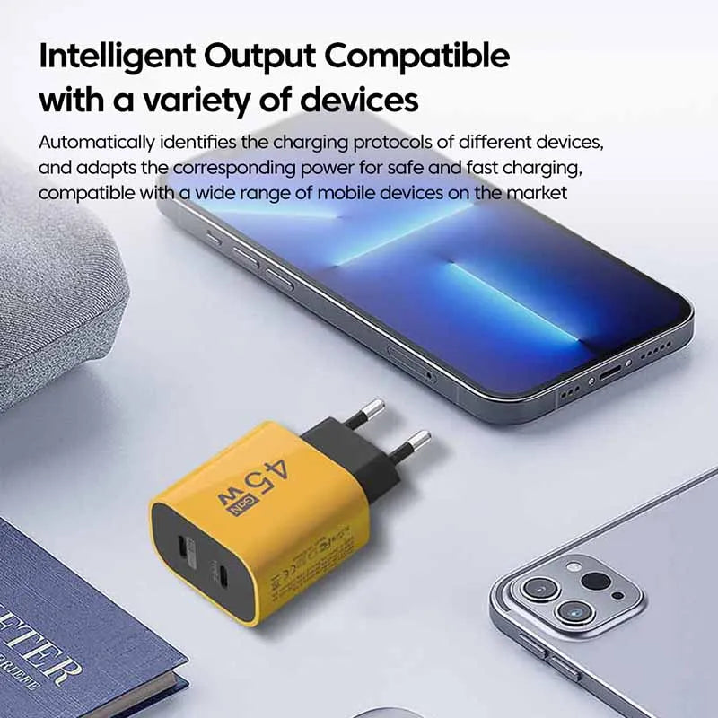 45W USB-C charger for Samsung S23 with dual-port design