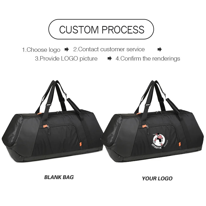 Customizable black duffel bag shown in two views on a white background, with text explaining a custom logo process above and labels 'BLANK BAG' and 'YOUR LOGO' below.