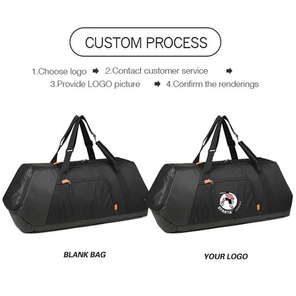 Customizable black duffel bag shown in two views on a white background, with text explaining a custom logo process above and labels 'BLANK BAG' and 'YOUR LOGO' below.