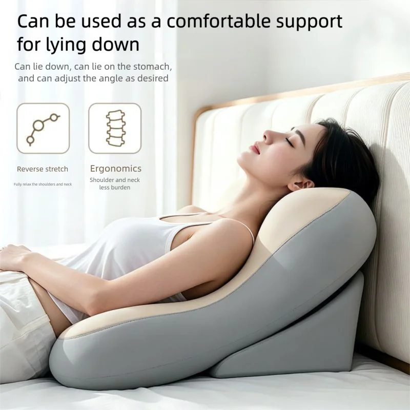A woman reclines on a gray and beige contoured neck pillow on a bed, with text and icons explaining its ergonomic and stretch benefits.