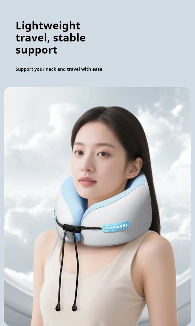 Person wearing a neck support pillow with text about its features on a light background