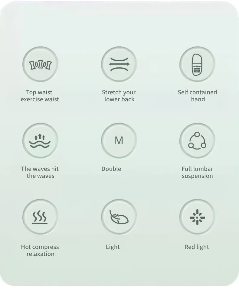 Set of icons and text describing various massage or therapy functions on a light gray background.