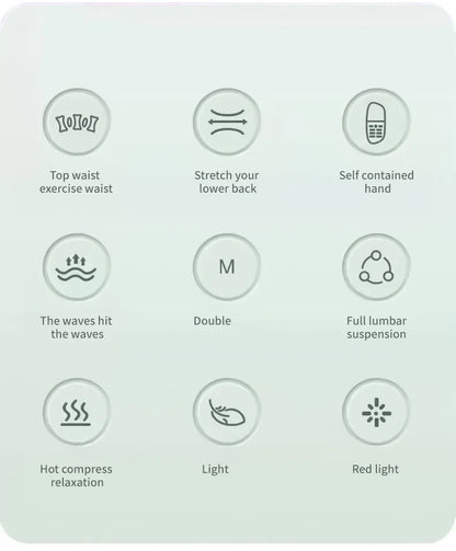 Set of icons and text describing various massage or therapy functions on a light gray background.