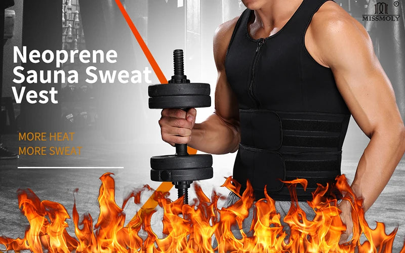 Person wearing a black neoprene sauna sweat vest lifting weights with flames at the bottom