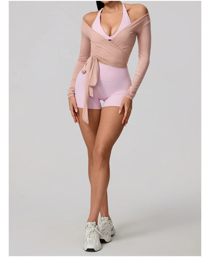 Hearuisavy Summer Women's Yoga Shirt Long Sleeve Sportswear Gym Breathable Quick Dry Sports Top Pilates Dance Ballet Wrap Tops