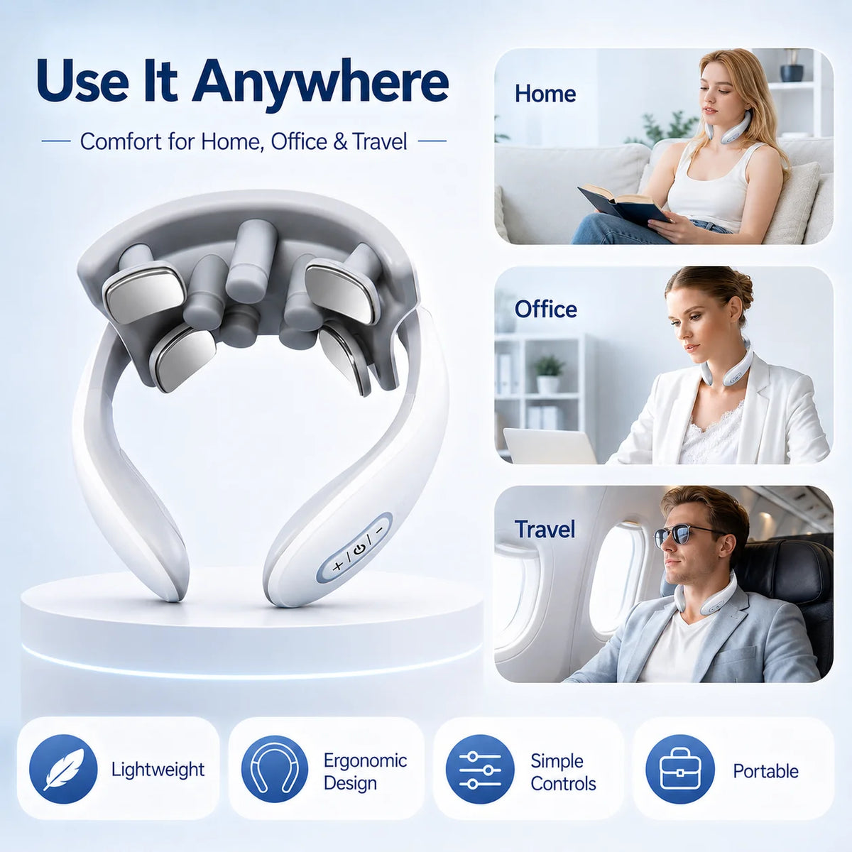 Neck massager with usage scenarios for home, office, and travel on a light blue background.