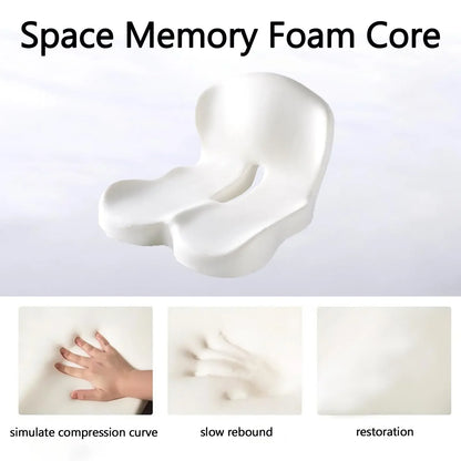 Space Memory Foam Core with compression curve, slow rebound, and restoration demonstration on a white background.