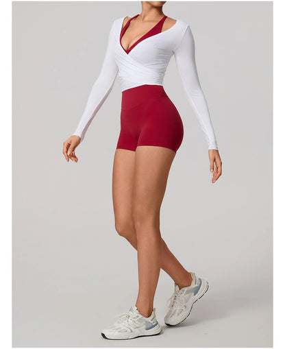 Hearuisavy Summer Women's Yoga Shirt Long Sleeve Sportswear Gym Breathable Quick Dry Sports Top Pilates Dance Ballet Wrap Tops