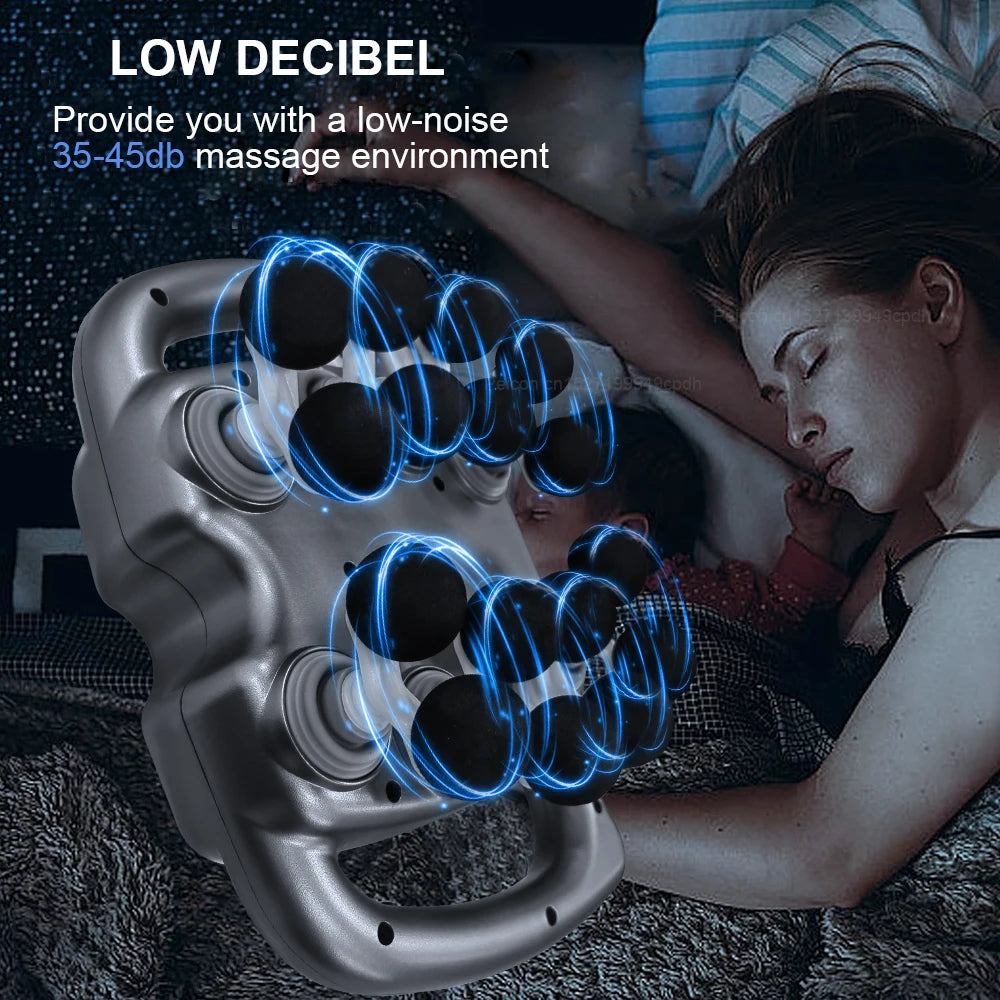 Massage device with blue lights and text about low decibel massage environment.