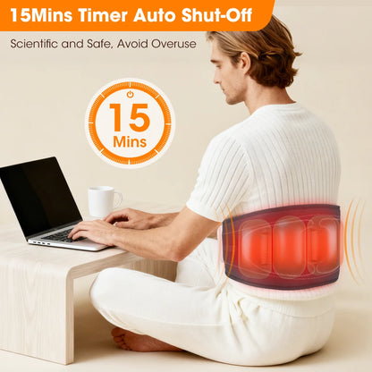 Person using a heating pad on their back with a laptop, emphasizing 15-minute timer auto shut-off feature.