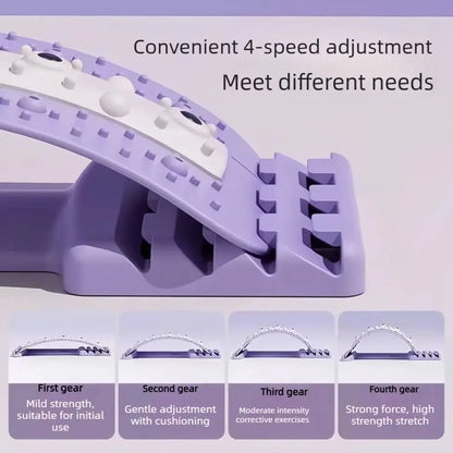Purple and white manual neck stretcher with text 'Convenient 4-speed adjustment Meet different needs' and four gear-level demonstration panels below showing neck stretch curves.