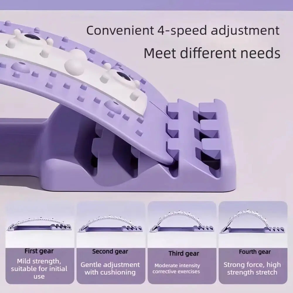 Purple and white manual neck stretcher with text 'Convenient 4-speed adjustment Meet different needs' and four gear-level demonstration panels below showing neck stretch curves.