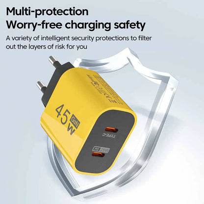 45W USB-C charger for Samsung S23 with dual-port design