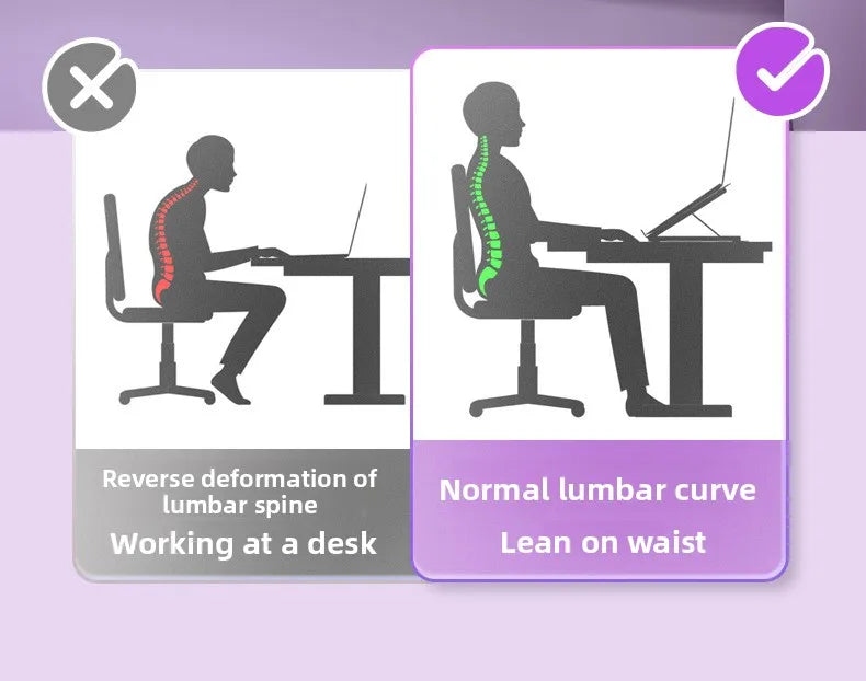 An educational infographic comparing bad and good sitting posture for desk workers. The left panel shows a person sitting at a desk with a red highlighted curved spine labeled 'Reverse deformation of lumbar spine Working at a desk'.