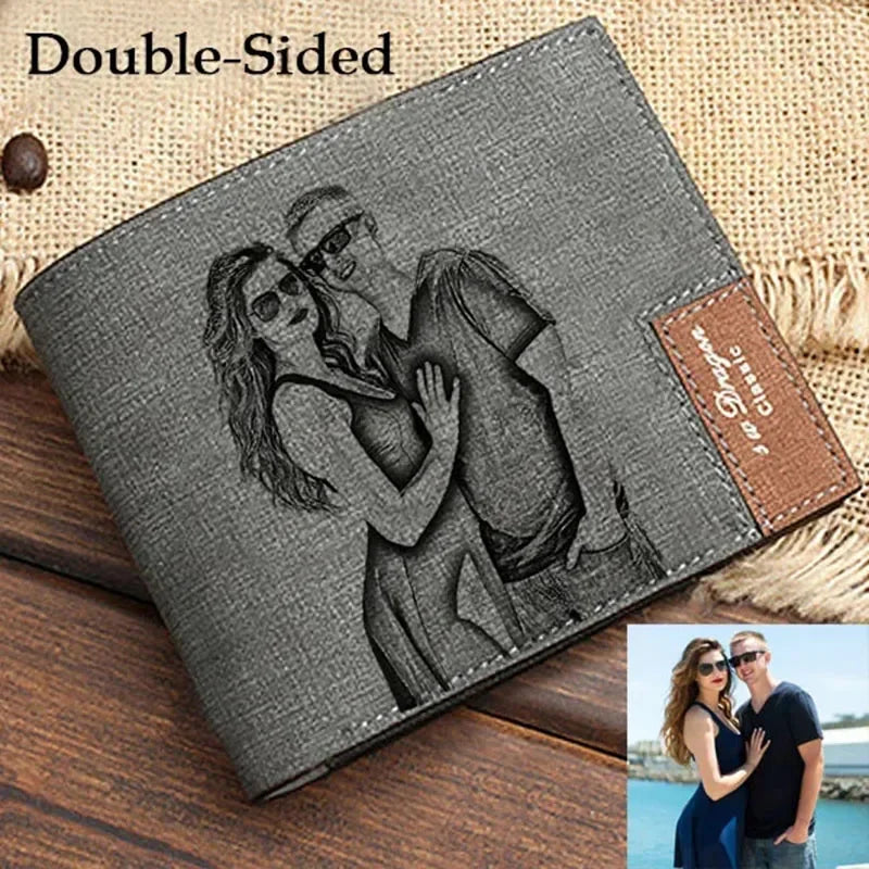 Gray wallet with a couple illustration and a real-life photo of a couple on a wooden surface.